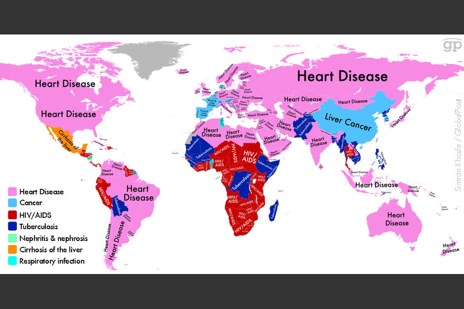 El mapamundi de Global Post basad en datos de la OMS refleja que las enfermedades cardiovasculares son las que m&aacute;s amenazan al mundo. (Imagen: Global Post)&nbsp;