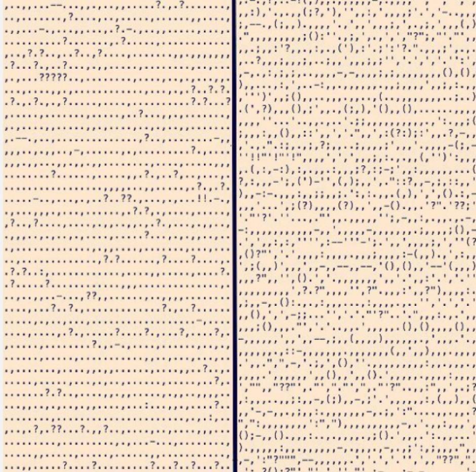 Asi se ver&iacute;an las grandes obras de la literatura si fueran solo signos de puntuaci&oacute;n.&nbsp;La puntuaci&oacute;n de 'Meridiano de sangre', de Cormac McCarthy (izquierda) y de 'Absalom, Absalom', de William Faulkner. (Foto: Verne)