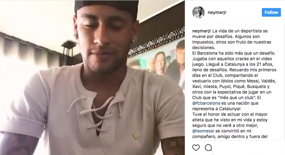 Neymar se despide de Barcelona y Cataluna con emotiva carta. (Foto: Instagram)