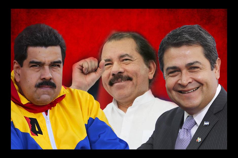 El presidente de Venezuela, Nicolás Maduro; el de Nicaragua, Daniel Ortega; y el de Honduras, Juan Orlando Hernández. (Ilustración: Benjamín Calderón/Soy502)