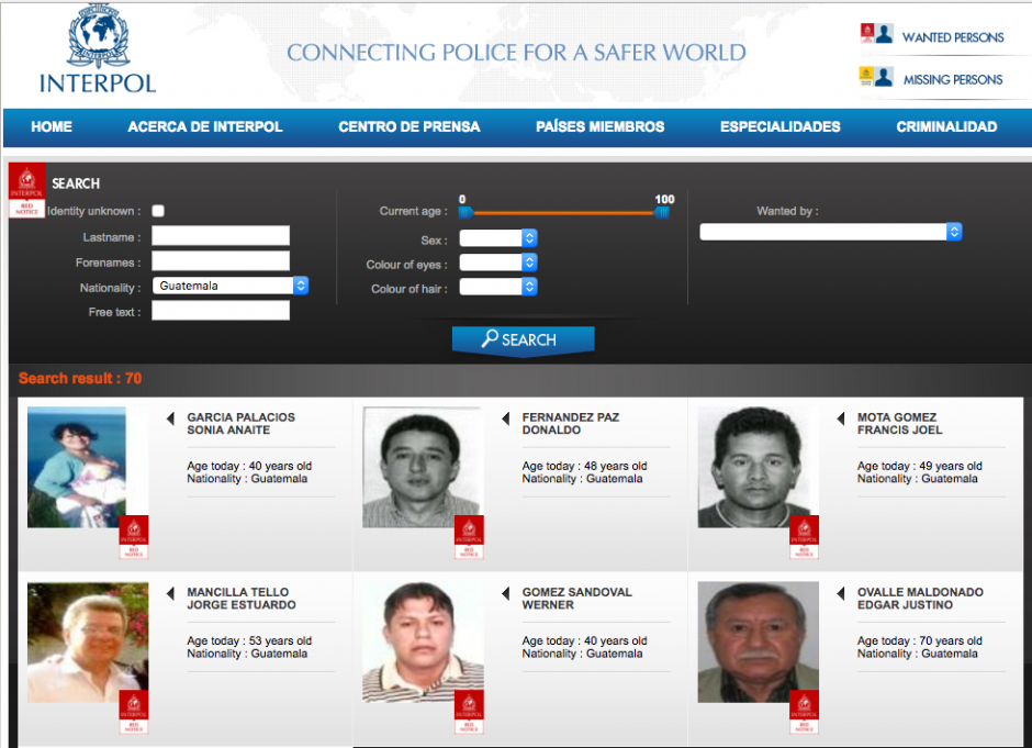 Hasta el 3 de julio de 2017, el listado de guatemaltecos con alerta intercional por la Interpol suma 70. (Foto: captura de pantalla)&nbsp;