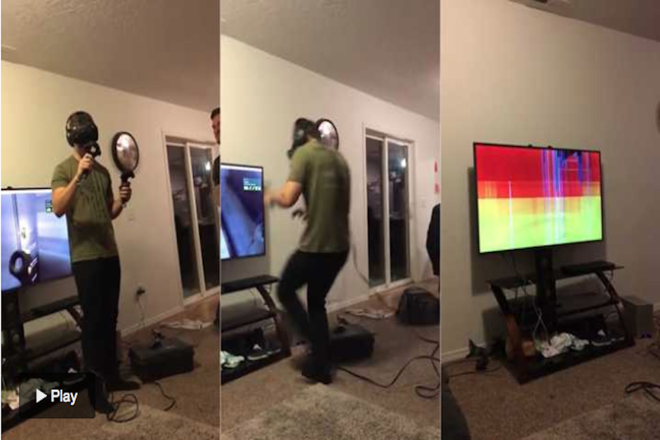 La impresi&oacute;n de este hombre provoc&oacute; que atropellara la televisi&oacute;n al escapar de la escena del videojuego. (Imagen: Infobae)