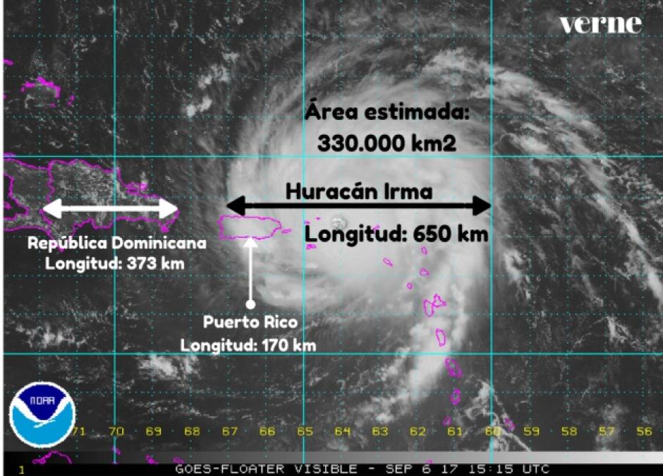 Estas son las dimensiones del hurac&aacute;n Irma comparado con varios pa&iacute;ses del Caribe. (Foto: verne.elpais.com)