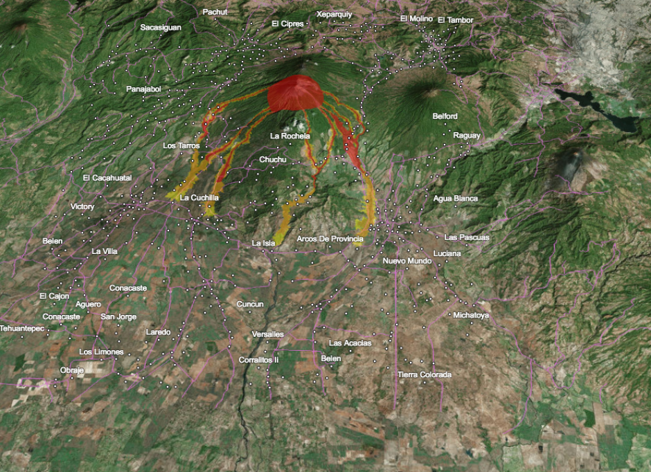 Este mapa en 3D de amenazas por lahares permite conocer el posible impacto en los alrededores del volc&aacute;n de Fuego. (Foto: captura de imagen)