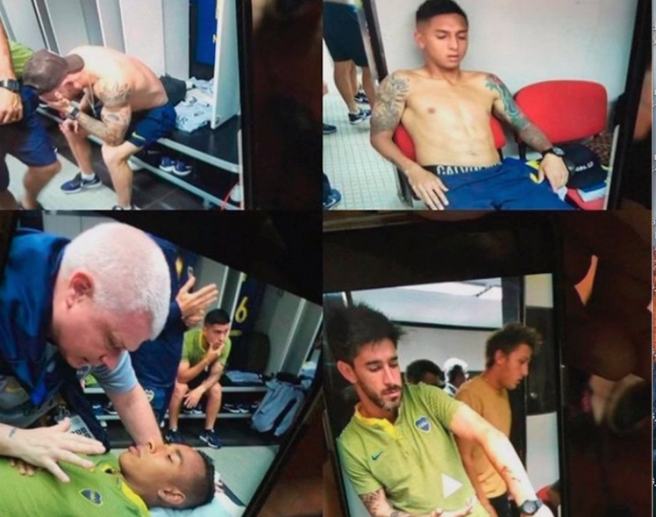 Jugadores de Boca Juniors en el vestuario, tras el ataque al bus del cuadro xeneise a su llegada al estadio Monumental. (Foto: Twitter)