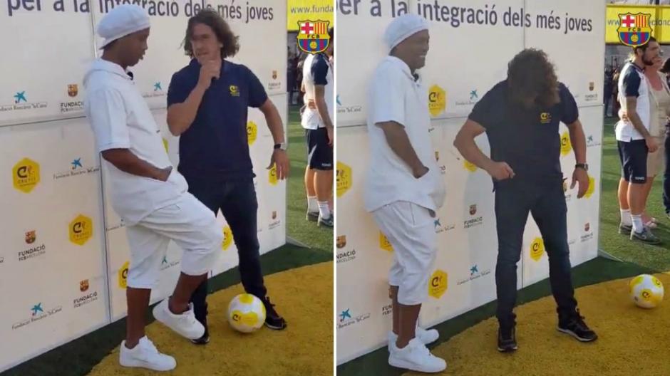 Los exjugadores del Barcelona protagonizaron un divertido momento. (Foto: captura de pantalla)&nbsp;