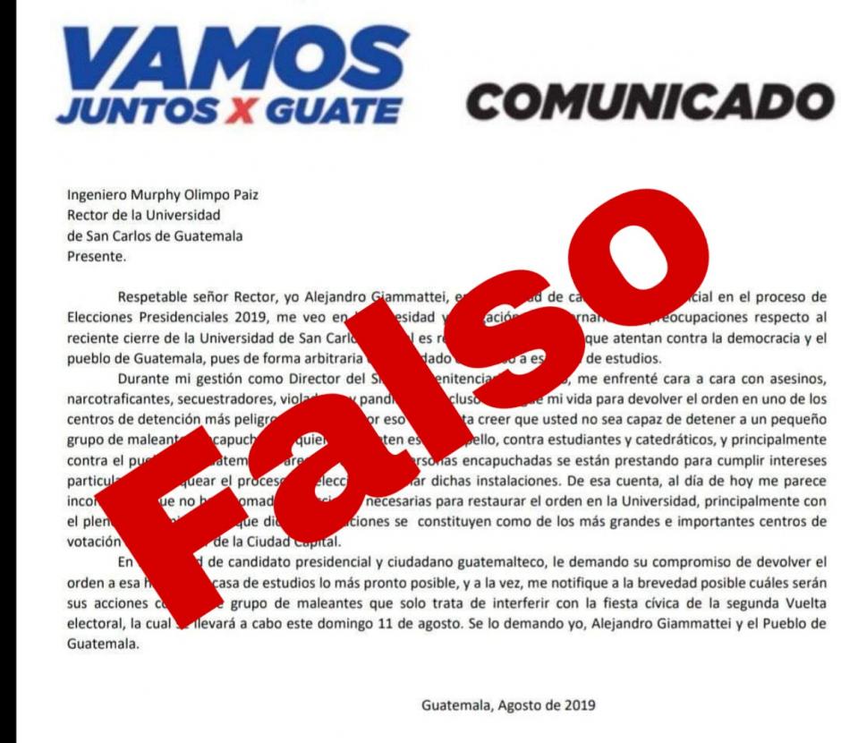 Alejandro Giammattei atribuye este falso comunicado a una campaña negra. (Foto: Soy502)