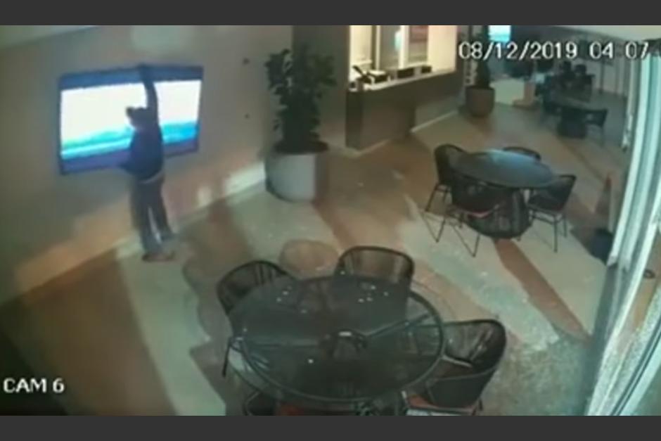 Un ladr&oacute;n intenta despegar de la pared un televisor que pretende robar. (Foto: Captura de video)