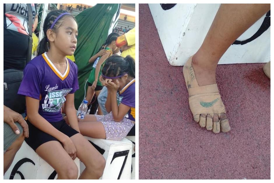 Una ni&ntilde;a se vio obligada a competir con unos zapatos improvisados. (Foto: Facebook)