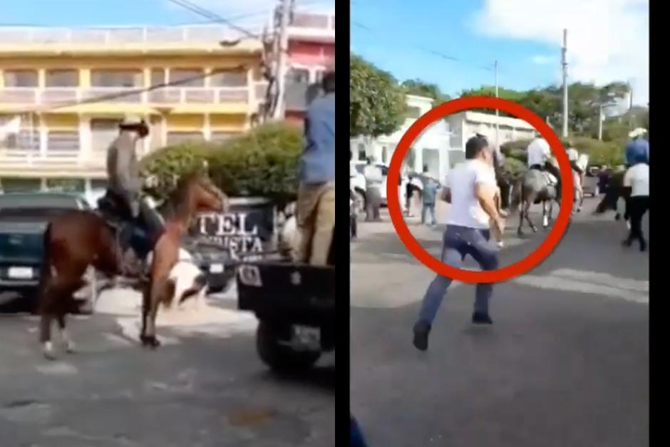 El agente de la Digici logró escapar y el momento quedó grabado por un asistente al desfile hípico que se realizaba el domingo 8 de diciembre en Zacapa. (Foto: captura de pantalla)&nbsp;