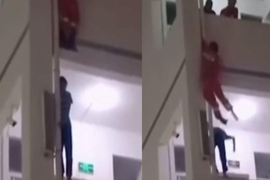 Bombero salva con tremenda patada a un joven que pretend&iacute;a suicidarse en China. (Foto: Captura de video)