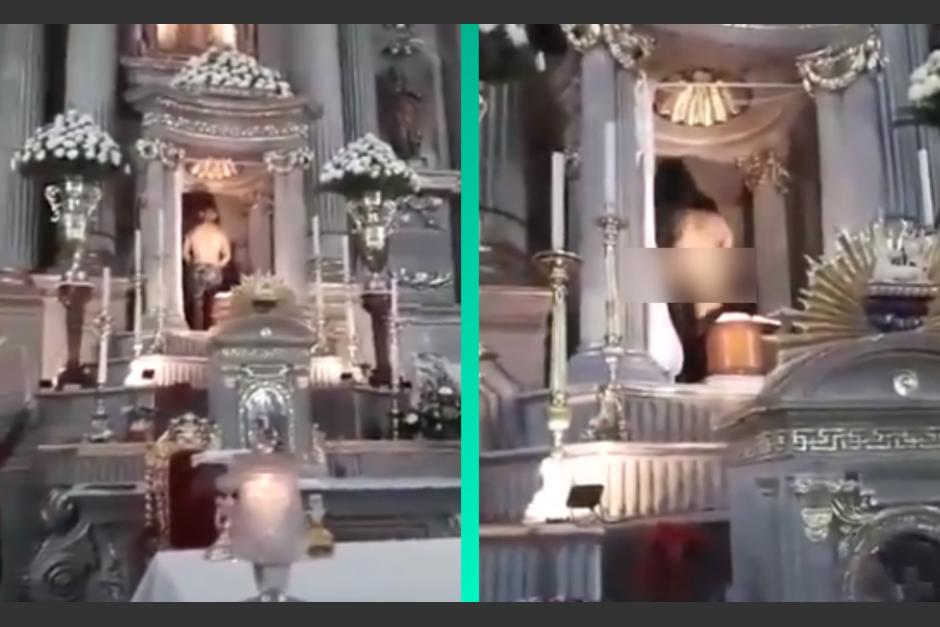 En una grabaci&oacute;n que ya se viraliz&oacute; se puede ver al hombre subir al altar para desnudarse frente a la mirada de todos. (Foto capturas de pantalla)