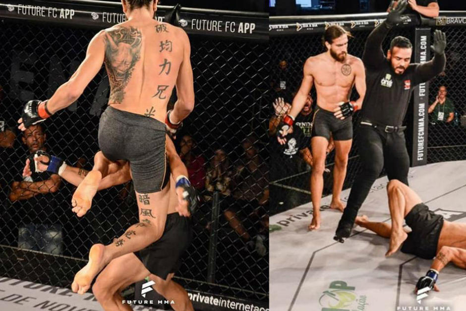 Bilharinho se enfrent&oacute; a Junior Duarte en peso pluma, noque&aacute;ndolo con la rodilla en un salto. (Foto: Future FC).