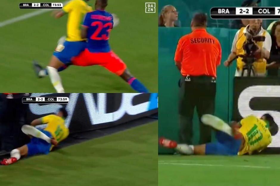 Los seleccionados colombianos no tuvieron piedad sobre Neymar en el amistoso contra Brasil. (Foto: Captura de video)