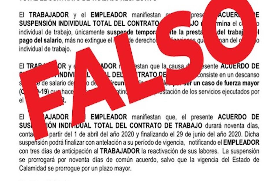 El supuesto acuerdo es una suspensi&oacute;n de contrato de trabajo durante el Estado de Calamidad (Foto: Mintrab)