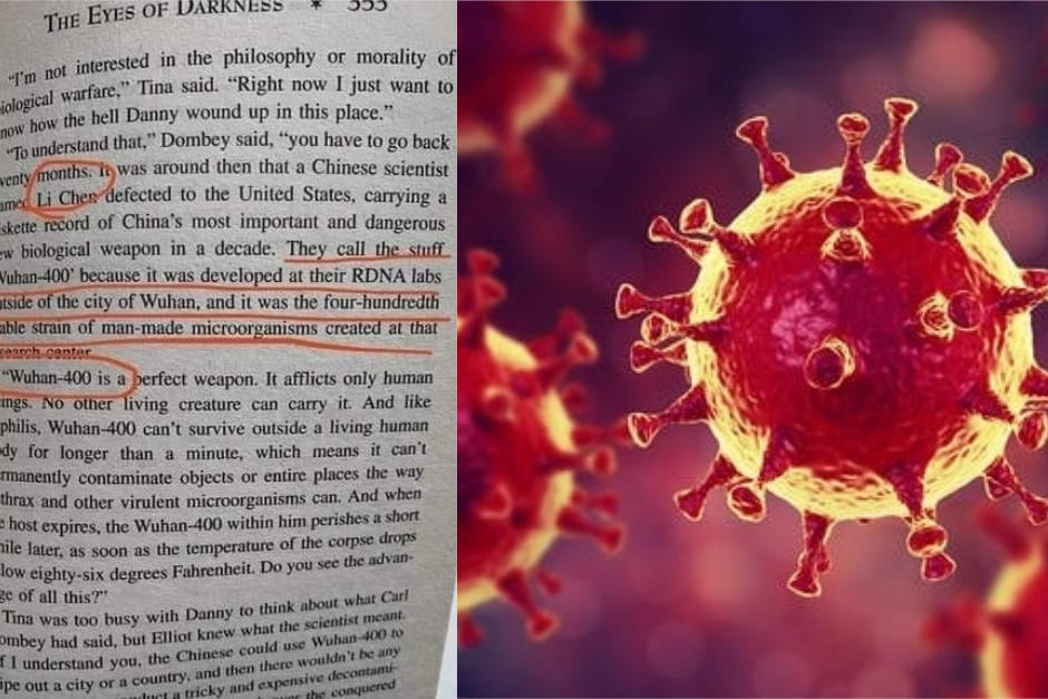 Libro que supuestamente ha predicho la llegada del temido coronavirus. (Fotomontaje E. Campos/Fotos Twitter /The Conversation)
