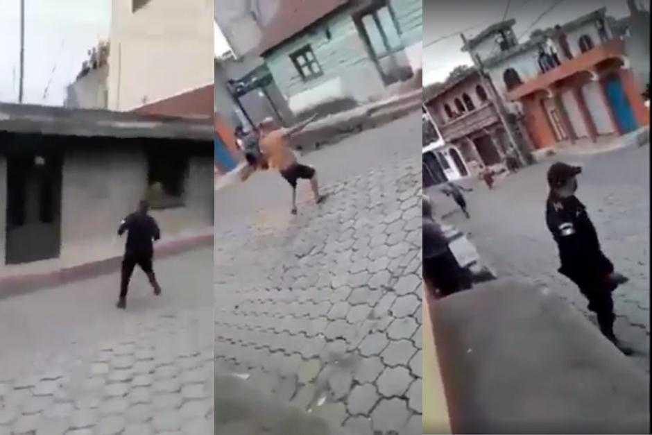 Agentes de la PNC salieron del área donde pobladores quebrantaron el toque de queda en San Pedro Yepocapa, Chimaltenango. (Fotos: captura de pantalla)&nbsp;