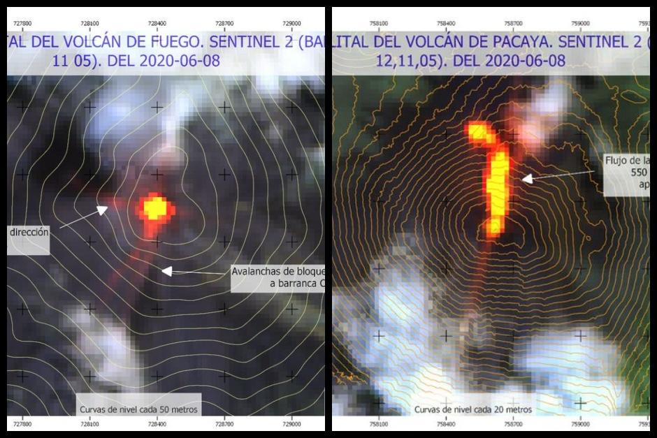 La actividad de ambos volcanes pudo ser captada en im&aacute;genes satelitales. (Fotos: Insivumeh)&nbsp;