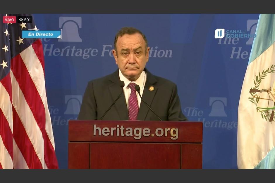 El presidente Alejandro Giammattei participa como orador en Foro organizado por la Fundación Heritage, que se realizó en Washington. (Foto: Captura de pantalla)