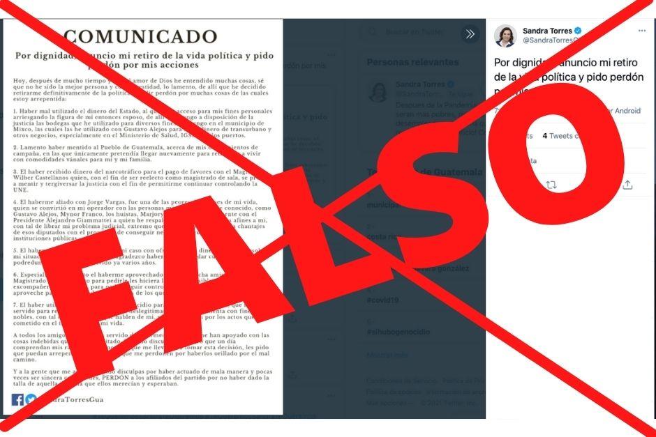 Este fue el mensaje que apareci&oacute; por 20 minutos en la cuenta de Twitter de Sandra Torres, pero se confirm&oacute; que es falso. (Foto: Twitter/Soy502)