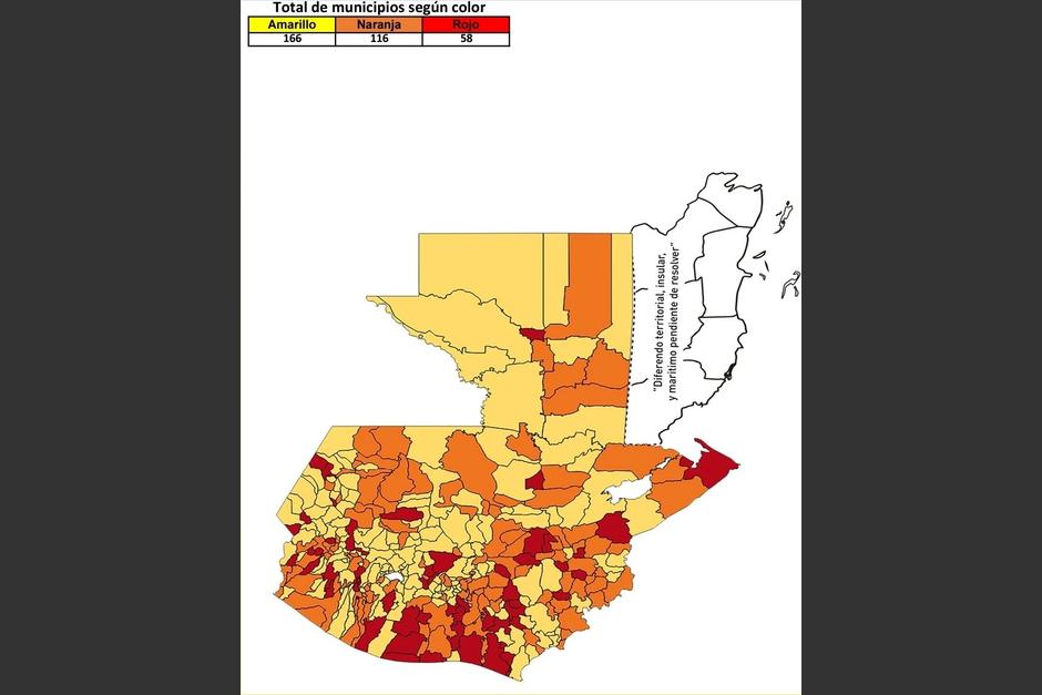 Es la primera vez que el sem&aacute;foro de alertas por Covid-19 marca m&aacute;s municipios en amarillo. (Gr&aacute;fica: Gobierno de Guatemala)