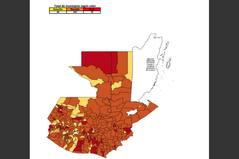 El Semáforo de alertas por Covid-19 muestra un alto descenso en la cantidad de municipios en rojo. (Gráfica: gobierno de Guatemala)