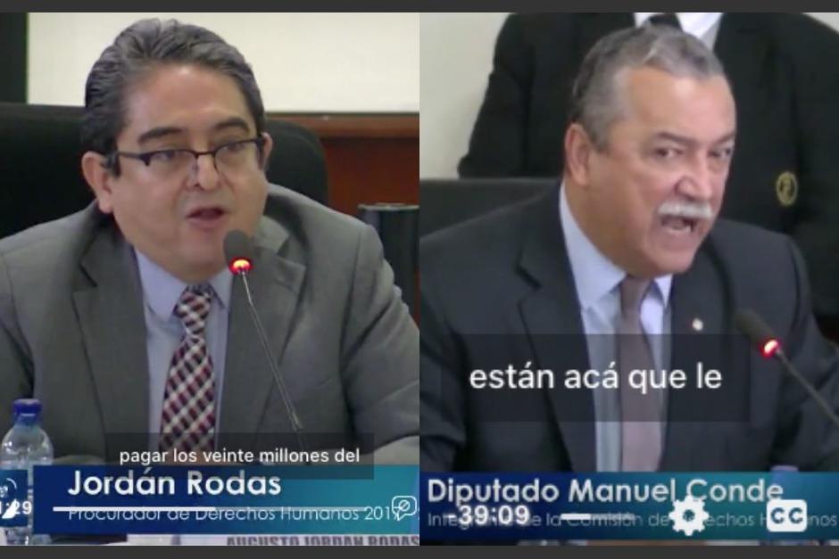 El procurador de los Derechos Humanos, Jordán Rodas y el diputado Manuel Conde Orellana protagonizaron una fuerte discusión durante una citación en el Congreso. (Foto: Captura de pantalla)