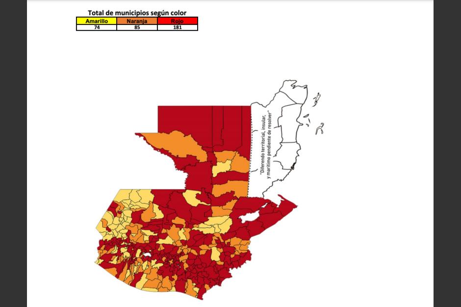 El sem&aacute;foro muestra un incremento en los municipios en rojo. (Gr&aacute;fica: MSPAS)