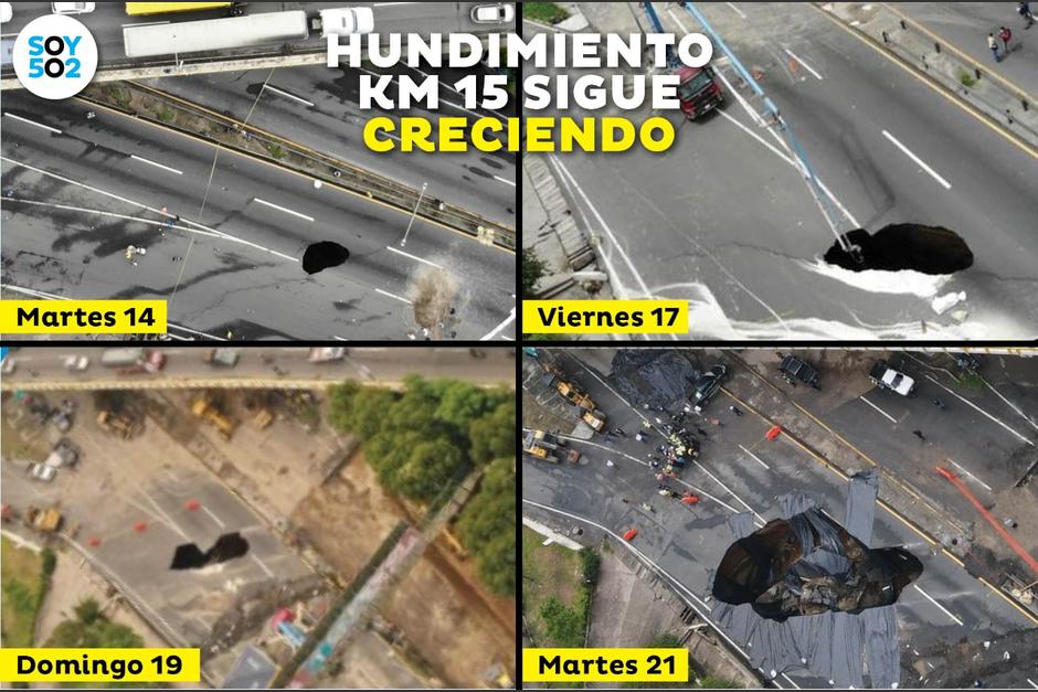 En estas imágenes se muestra la forma en que se ha ampliado el agujero en la ruta al Pacífico. (Foto: Soy502)