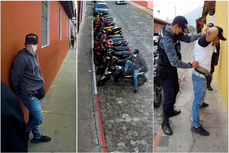 El hombre fue detenido en el momento que rompía el timón de una moto en la Segunda Avenida Sur de Antigua Guatemala. (Captura Video)