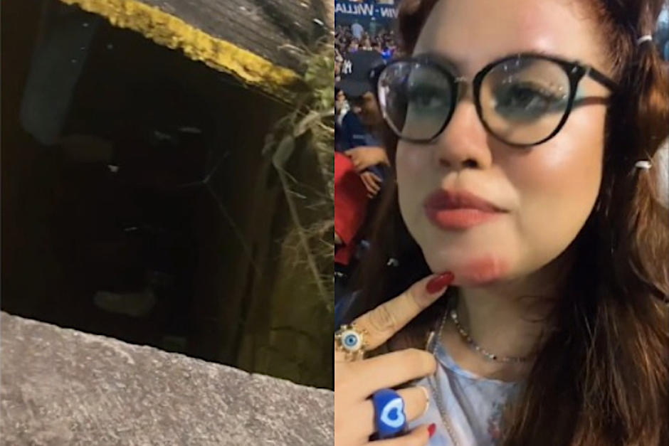 Una fan&aacute;tica salvadore&ntilde;a cay&oacute; a un tragante cerca del &aacute;rea del concierto del "Conejo Malo". (Fotos. Tik Tok)