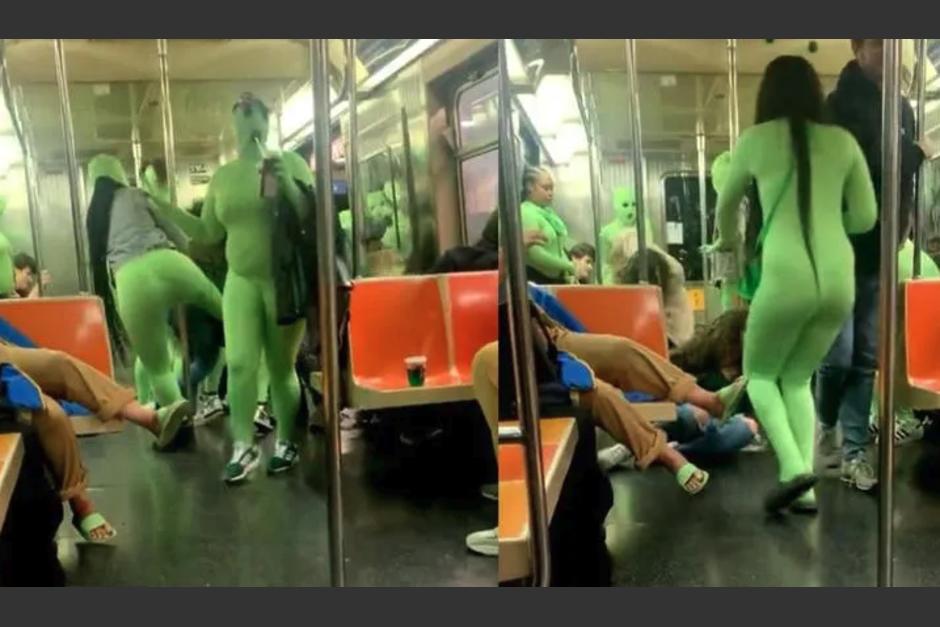 Un grupo de mujeres vestidas de verde neón asaltó un metro en Nueva York. (Foto: Twitter)