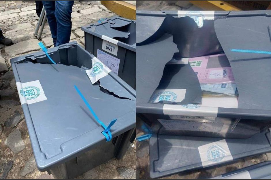 Varias cajas electorales estaban quebradas y con el marchamo roto, al llegar a Quetzaltenango. (Foto. RRSS)