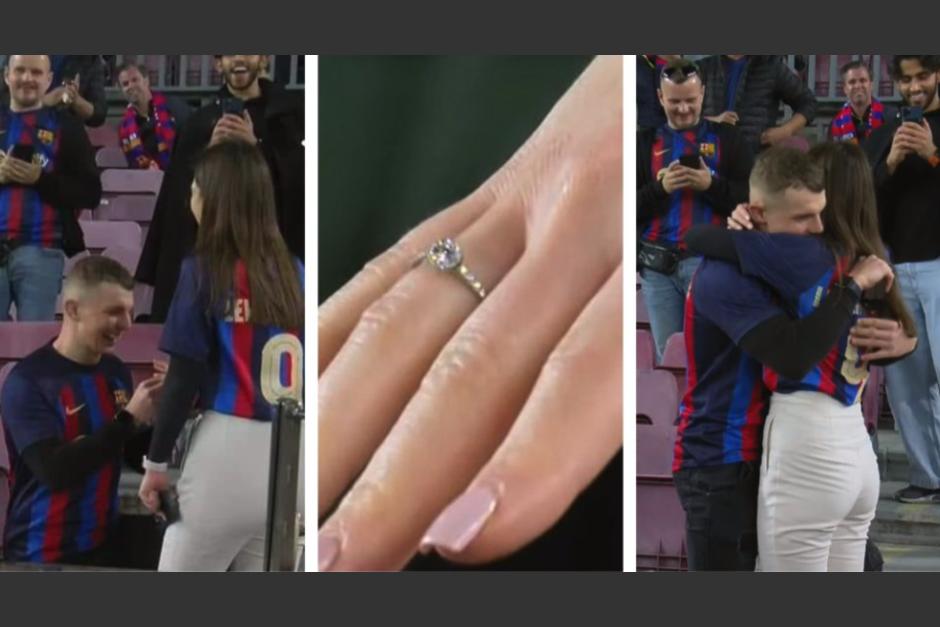 Un hombre le propuso matrimonio a su novia en la previa del partido entre el Barcelona y el Real Madrid el domingo.&nbsp; (Foto: captura pantalla)&nbsp;