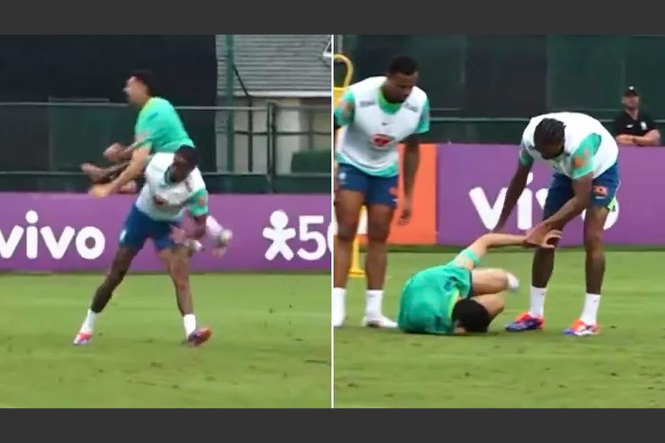 La patada de un jugador de Brasil a un compañero antes del debut por la Copa América (Foto: Infobae)