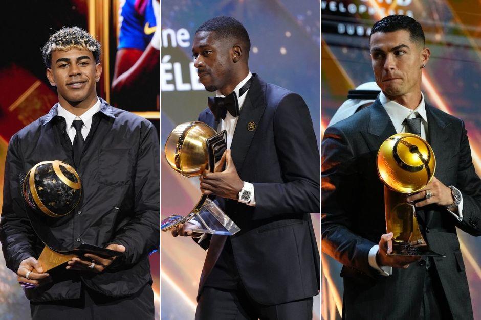 Demb&eacute;l&eacute;, Lamine Yamal y Cristiano Ronaldo fueron premiados en la &uacute;ltima ceremonia de galardones del 2025. (Foto: Redes)