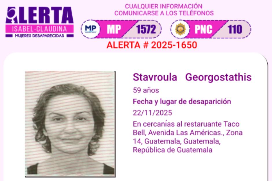 Stavroula Georgostathis fue reportada desaparecida el 22 de noviembre pasado. (Foto: MP)