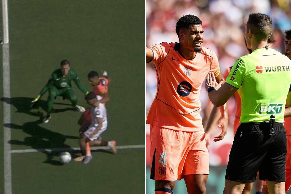 El Barcelona reclamó fuerte la decisión de marcar un penal por una falta de Araújo. El VAR validó la decisión del árbitro, aunque hubo polémica. (Foto: AFP)