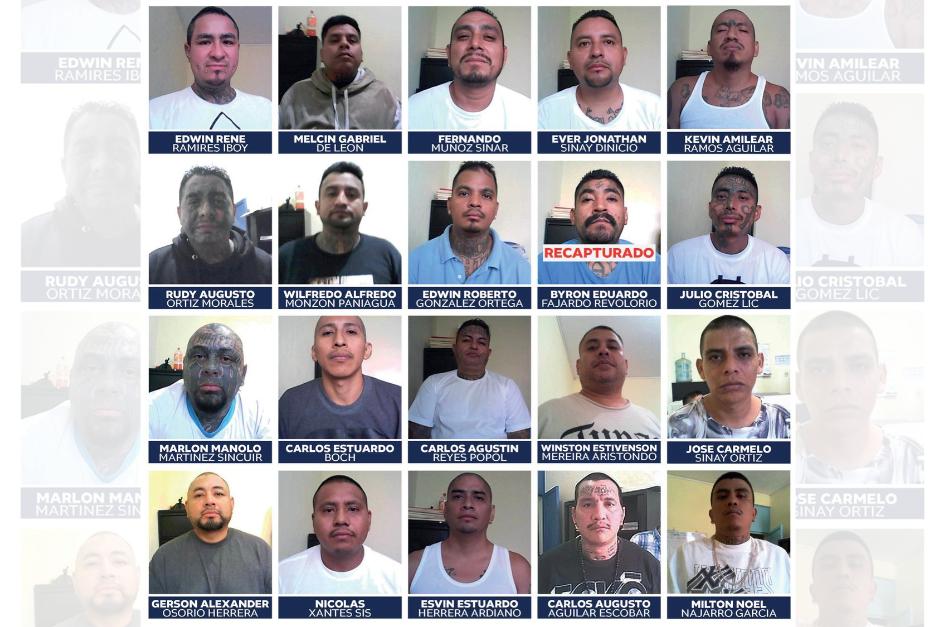 Estos son los 20 pandilleros del Barrio 18 que se fugaron de Fraijanes II. El MP acusa a funcionarios de colaborar con la evasión. (Foto: Mingob)