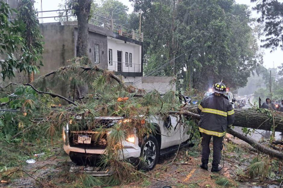 Dos heridos se reportaron tras la caída del árbol sobre un vehículo. (Foto: Bomberos Voluntarios)