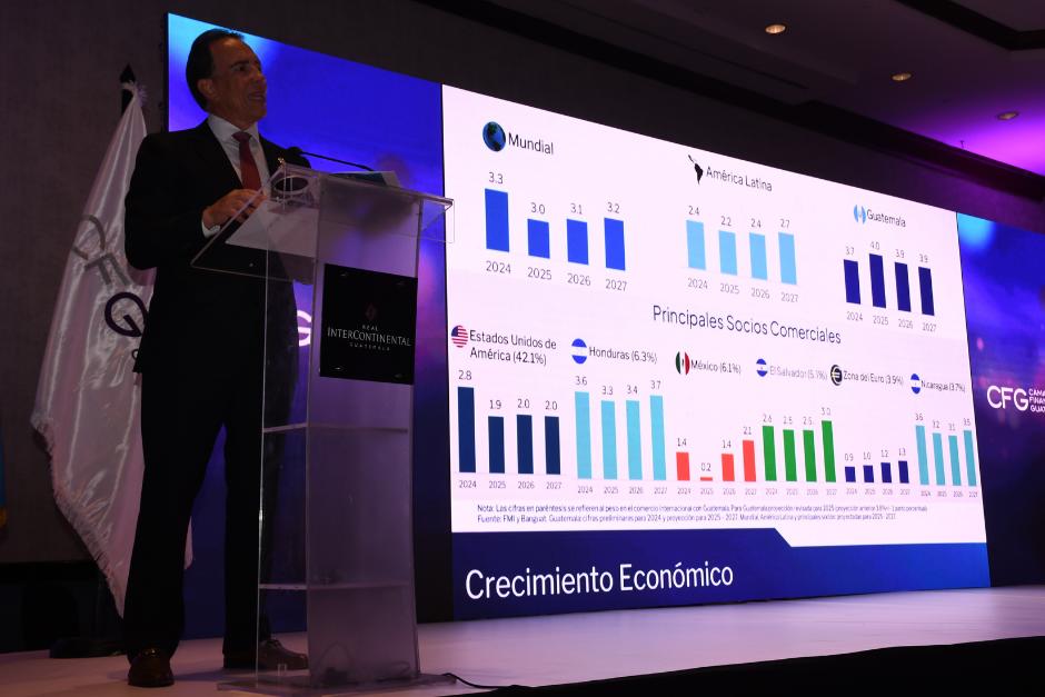 Álvaro González, titular del Banguat, durante su conferencia magistral en la primera convención financiera y empresarial que se celebra en el país. (Foto: José Luis Pos / Colaboración)&nbsp;