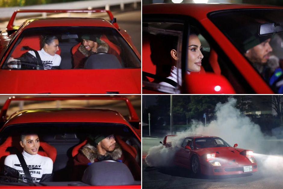 Hamilton y Kim Kardashian en las tomas del millonario video de derrapes que le sigue dando vueltas al mundo. (Foto: Redes)