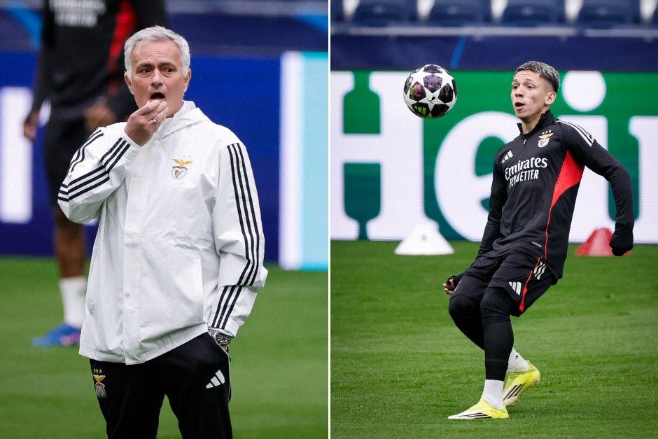 El entrenador luso y el delantero argentino fueron parte de la pr&aacute;ctica del Benfica en la casa del Real Madrid. (Foto: AFP)