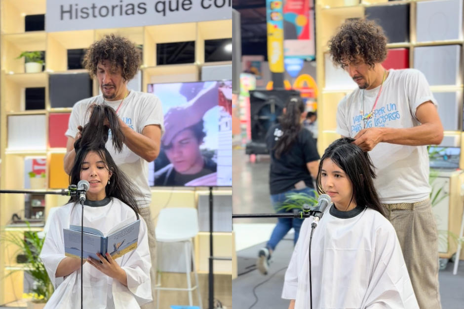 El peluquero de FILGUA Danny Beuerbach hace cortes de cabello a cambio de que la persona lea en vivo. (Fotos: Camila Mazariegos)