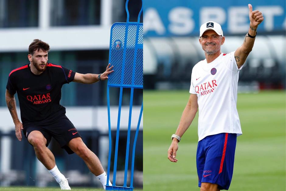 Khvicha Kvaratskhelia y el t&eacute;cnico Luis&nbsp;Enrique son las figuras destacadas del primer d&iacute;a de entrenamientos para el PSG. (Fotos: PSG)