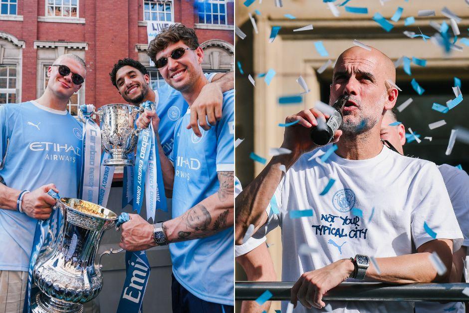 Los jugadores celestes presumieron los &uacute;ltimos t&iacute;tulos que conquistaron bajo el mando del t&eacute;cnico, Pep Guardiola. (Foto: M. City)