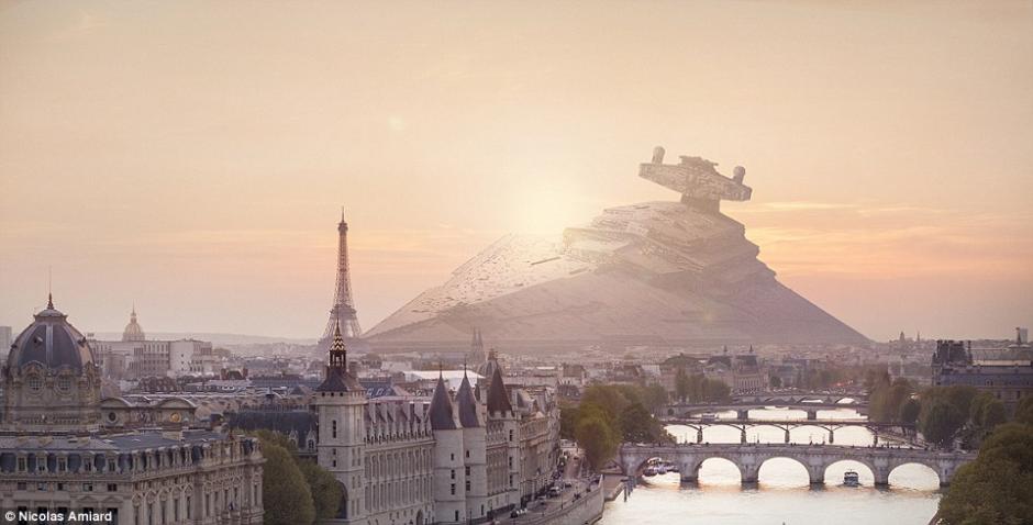 El director de arte Nicolas Amiard ha creado un portafolio inspirado en paisajes, en los cuales incluye a las naves de Star Wars; en este caso un Imperial Crusier yace atr&aacute;s de la Torre Eiffel. (Foto: Nicolas Amiard)