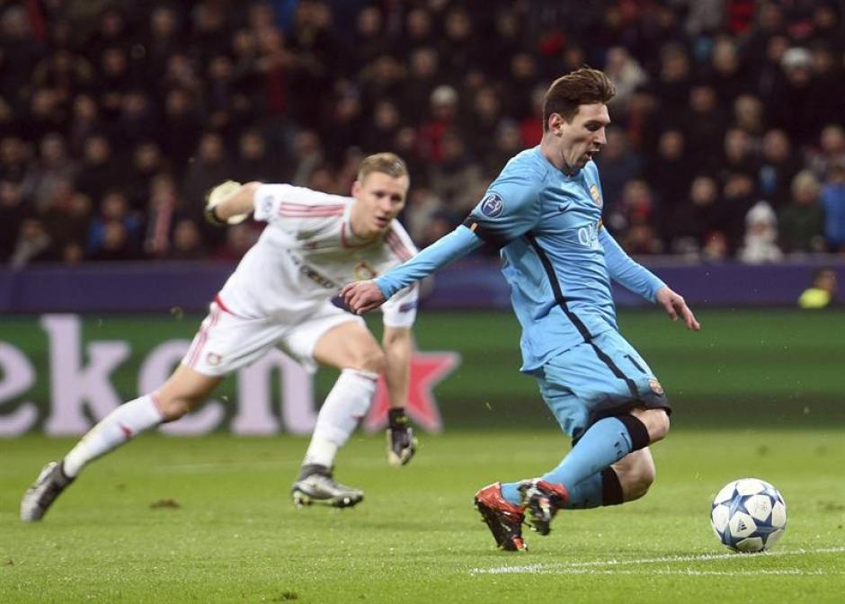 El argentino Lionel Messi anot&oacute; el primer tanto del partido, en su carrera le ha hecho siete goles al Bayer Leverkusen en Champions League. (Foto: EFE)