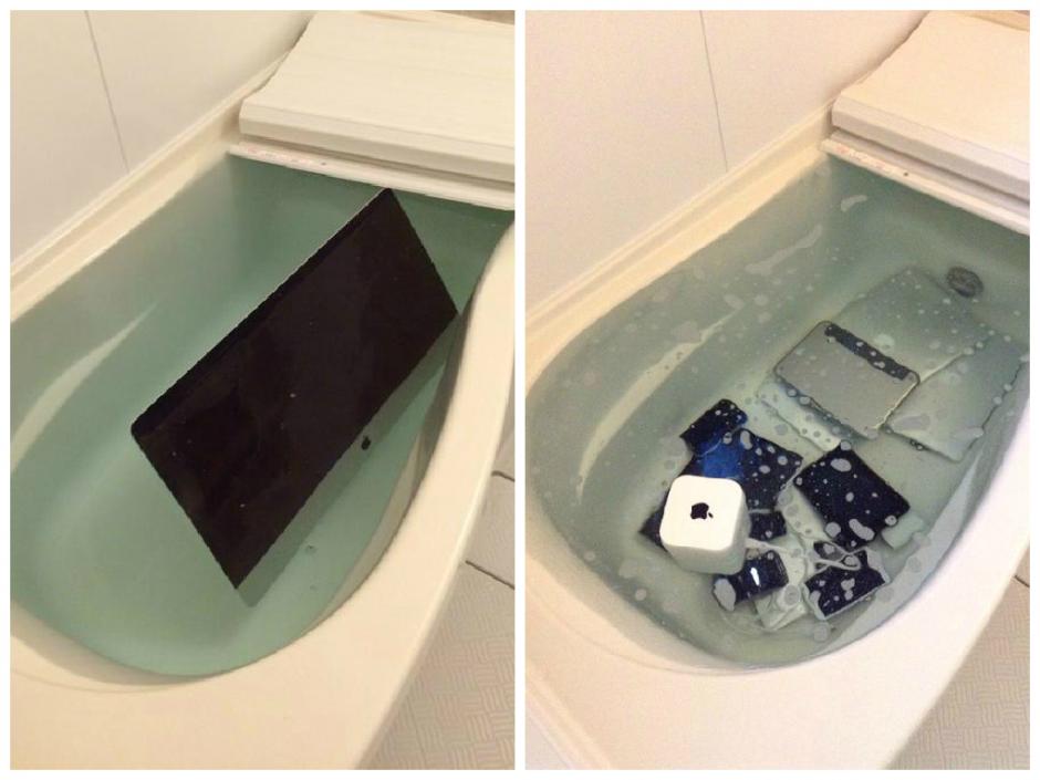 La novia, enfurecida por la actitud del muchacho, se desquit&oacute; tirando todos sus art&iacute;culos tecnol&oacute;gicos en la tina. (Foto: Twitter)