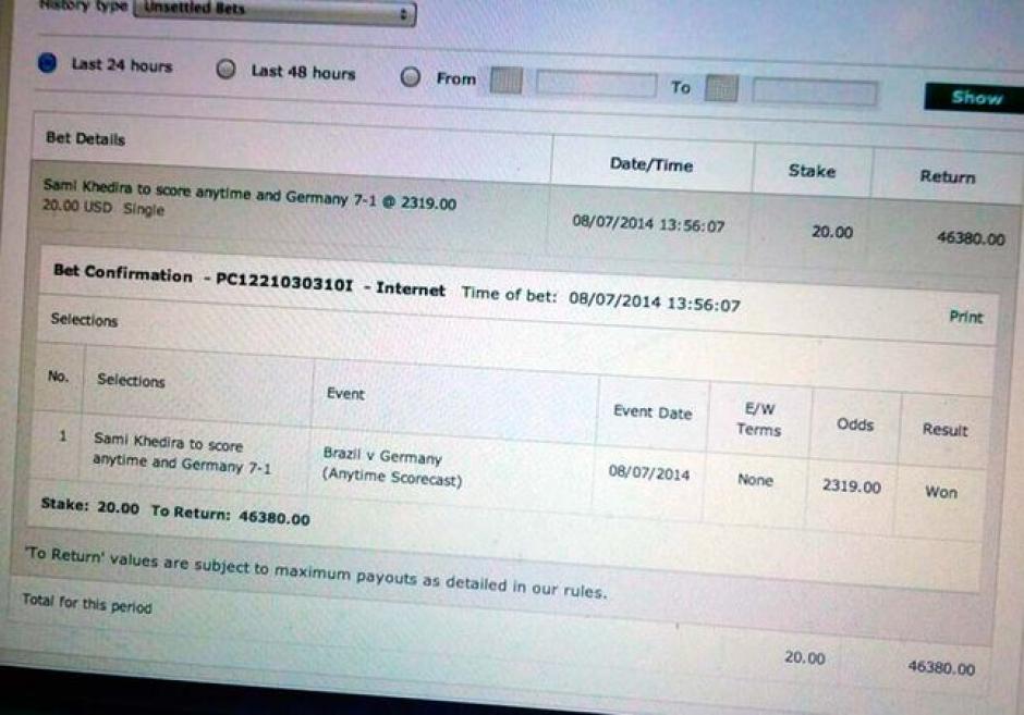 Registro del aficionado que apost&oacute; el 7-1 para Alemania con gol de Khedira. (Imagen tomada de www.sportyou.es)